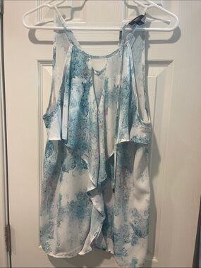 Massimo Blue and White Sleeveless Ruffle Front Blouse